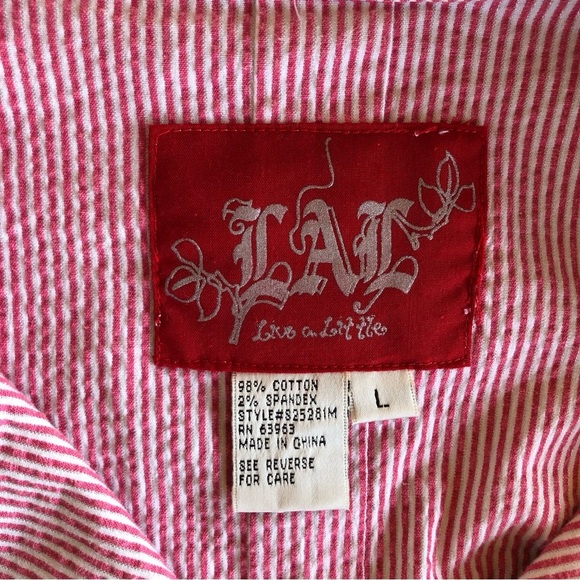 LAL Live A Little Cotton Blend Red / White Stripe Button Front Blazer Jacket L - Picture 12 of 12